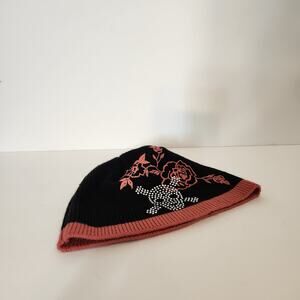 BERKSHIRE FASHIONS Pink Black Floral Crystal Skull & Cross Bones Women Beanie OS